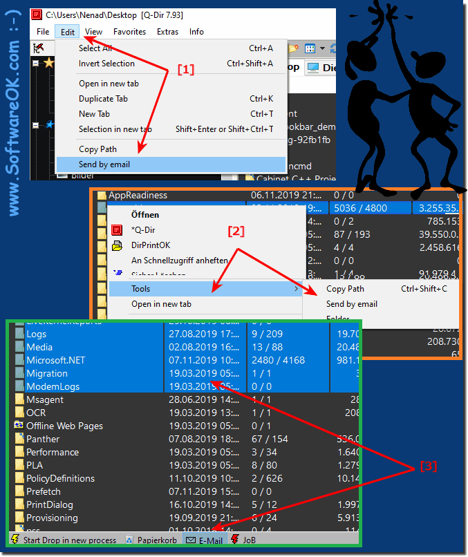 Mglichkeiten zum Versenden von Dateien oder Ordnern per E-Mail im Quad Explorer unter Windows!
