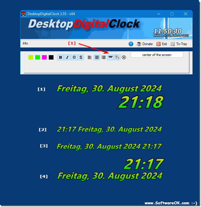 Datum und uhrzeit nebeneinander am Windows Desktop?