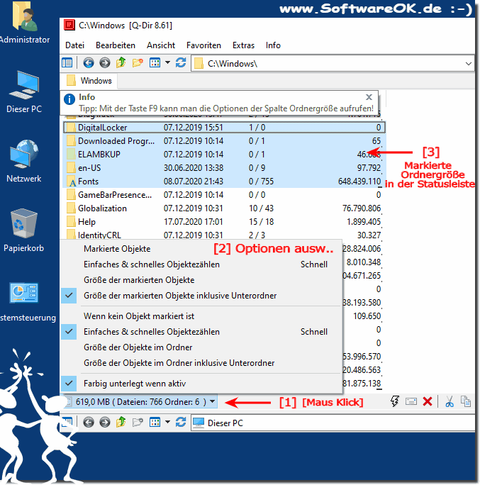 Die Ordnergröße in der Explorer Status leiste mit Extras für Windows!