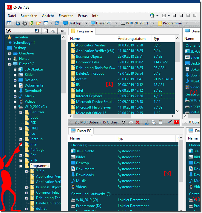 Ein Verzeichnisbaum fr alle vier Listenansichten im Windows Quad Explorer