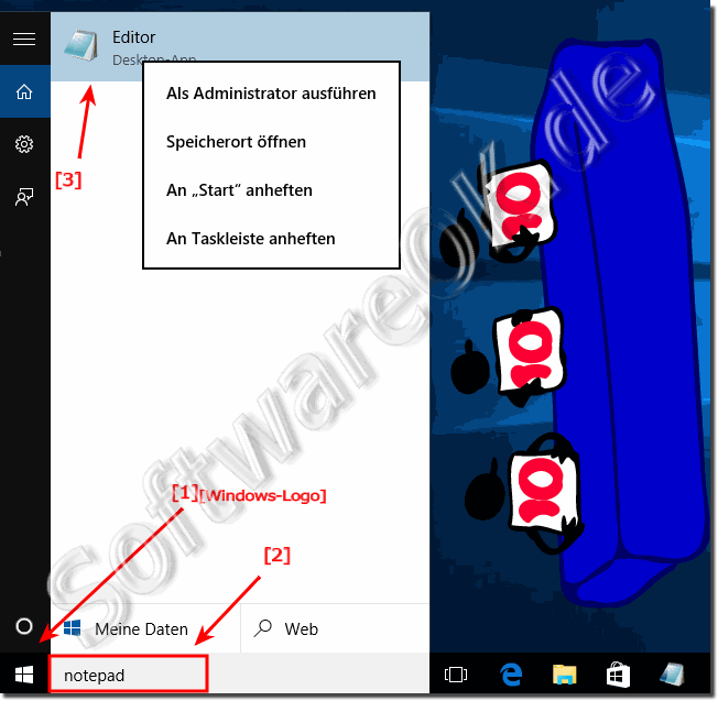 Notepad ber das Windows-10 Suhfeld ffnen bzw starten!