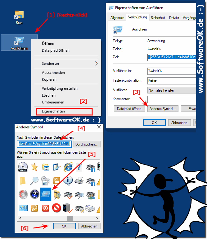 Symbol fr Desktop-Verknpfung Ausfhren-Dialog unter Windows-10!