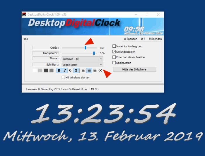 Eine prchtige und groe Digitale Desktop Uhr fr MS-Windows 11, 10, ... OS!