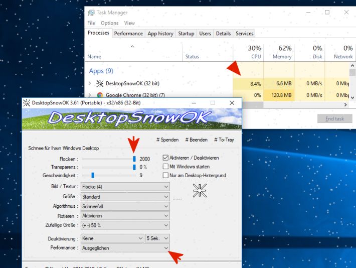 ber 1000 Schneeflocken am Windows Desktop bei geringer CPU-Last!