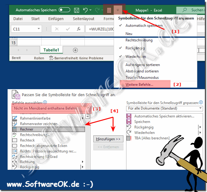 Taschenrechner zur Symbolleiste fr den Schnellzugriff in Microsoft Office hinzufgen!