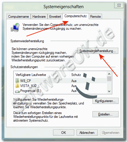 Windows 8 Systemwiederherstellung ber Systemeigenschaften/Computerschutz