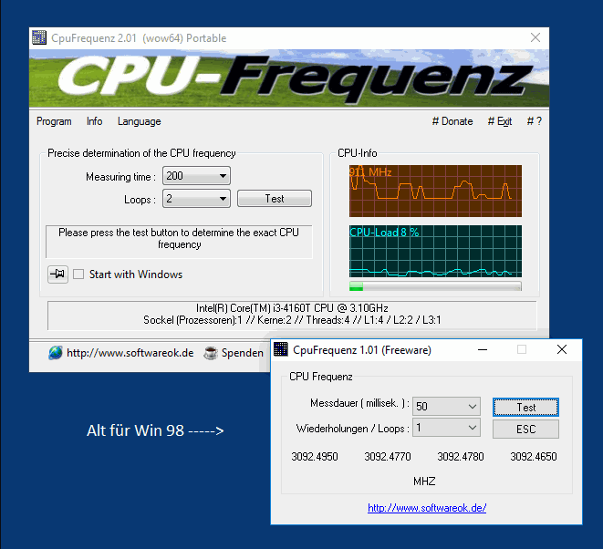 CPU Frequenz Abfrage W10, W7 ohne wenn und aber auch V1 fr W98